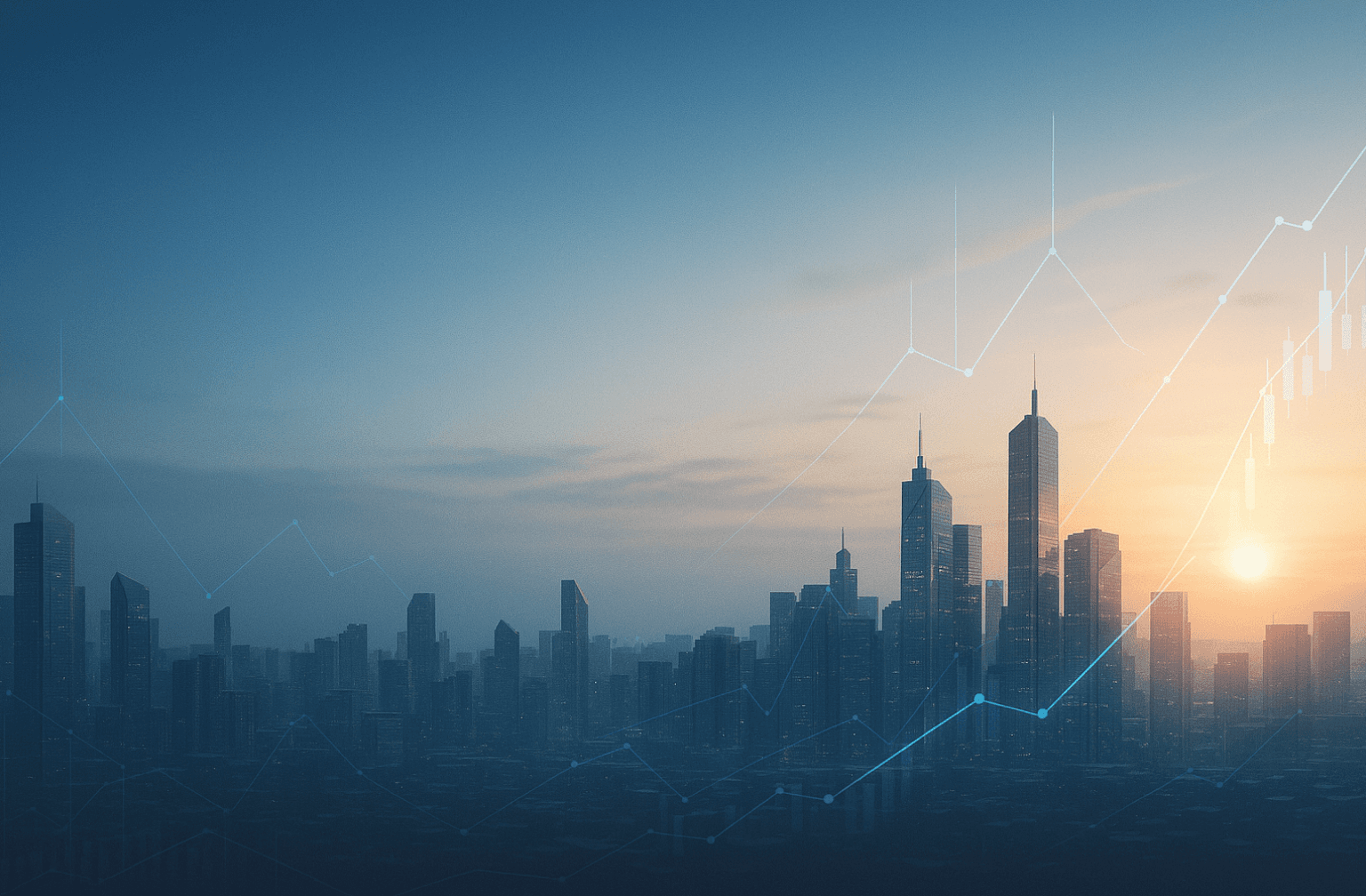 City skyline at sunset with overlaid data visualization elements showing connected networks and financial graphs