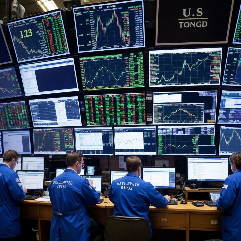 U.S. stock market trading floor with digital displays